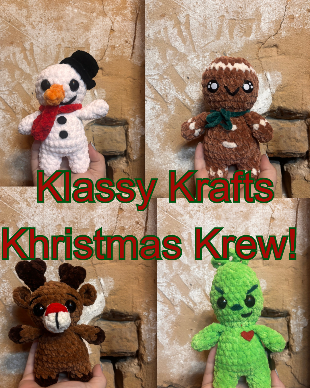 Crocheted Christmas Set Featuring: Gingerbread man, Reindeer, Mr. Snowman, and Grinch