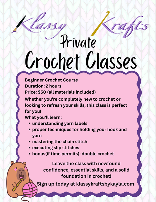 Beginner Crochet Class One on One 2hr Class