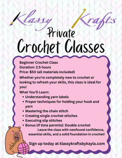 Beginner Crochet Class One on One 2hr Class